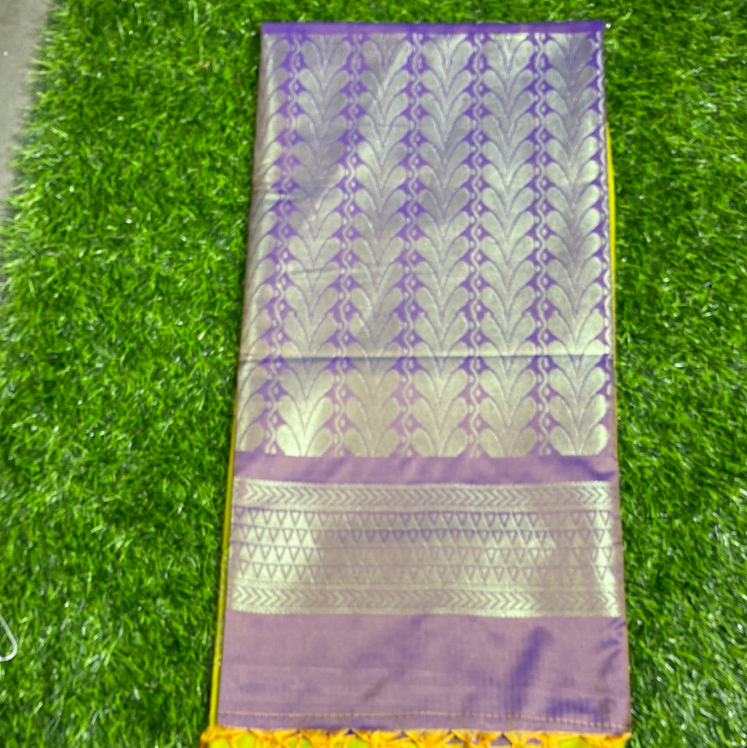 Kanjivaram Tissue Border Soft Silk Sarees (Lemon Green and  Purple Colour)