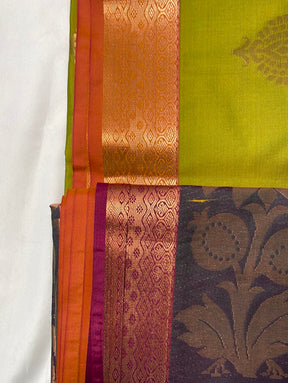 Kanjivaram Tissue Border Soft Silk Sarees (Mehandi Green and contrast Purple Colour)