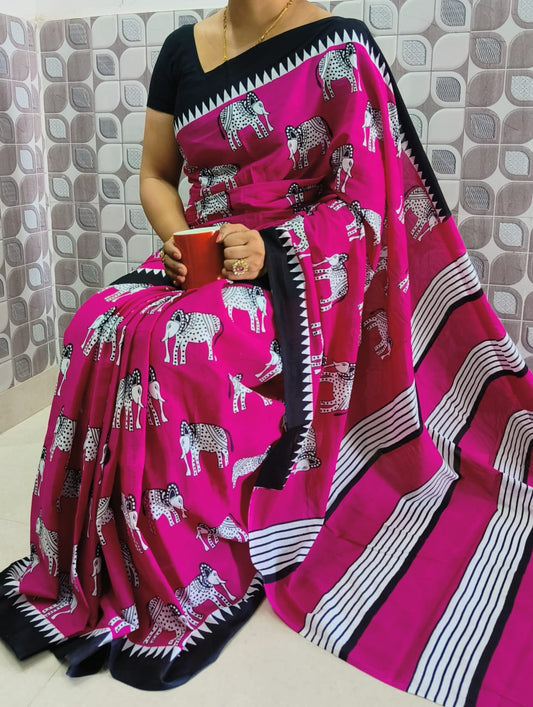 Hand Block Saree Pink with Elephant Design