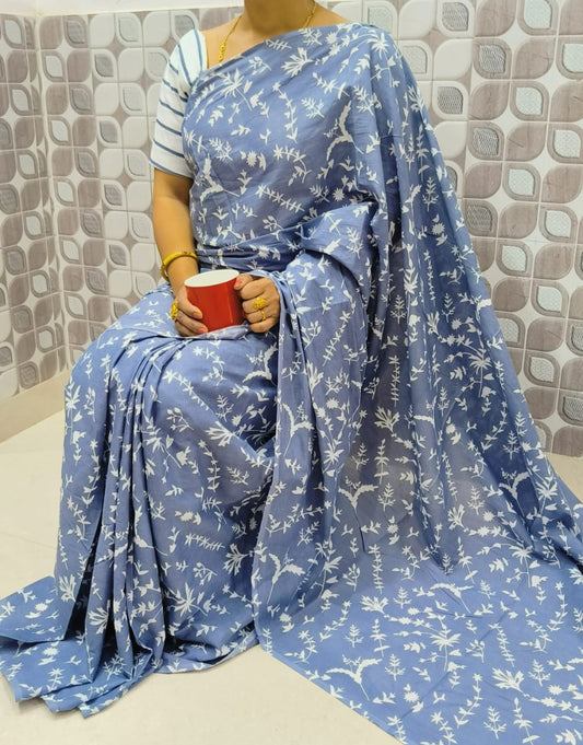 Hand Block Saree Light Blue with Leaf Design