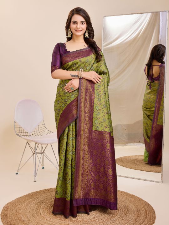 Banarasi Soft Silk Saree (Mehandi & Vilot Purple)