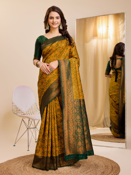 Banarasi Soft Silk Saree (Musterd Yellow & Green)