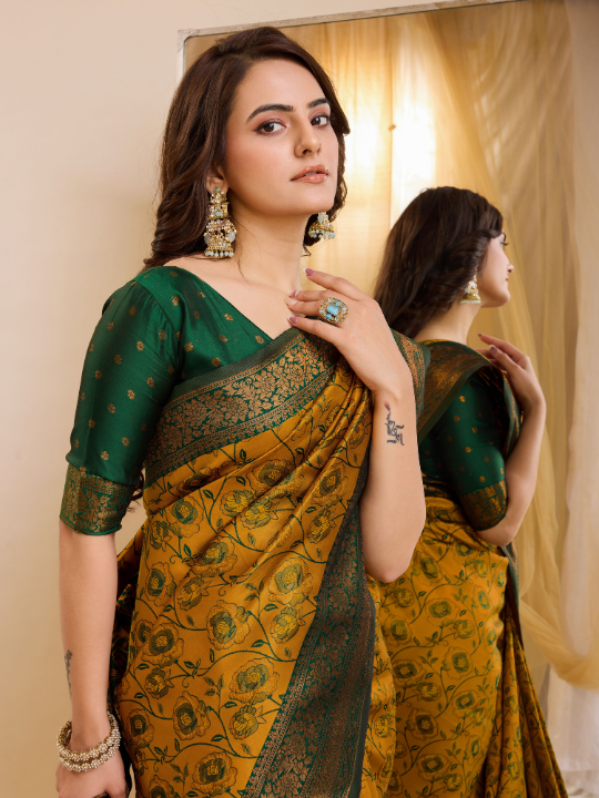 Banarasi Soft Silk Saree (Musterd Yellow & Green)