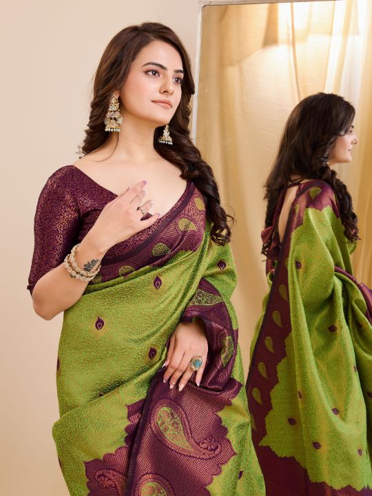 Banarasi Soft Silk Saree (Mehandi & Dark Pink)