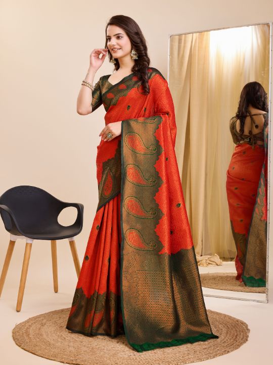 Banarasi Soft Silk Saree (Orange & Green)