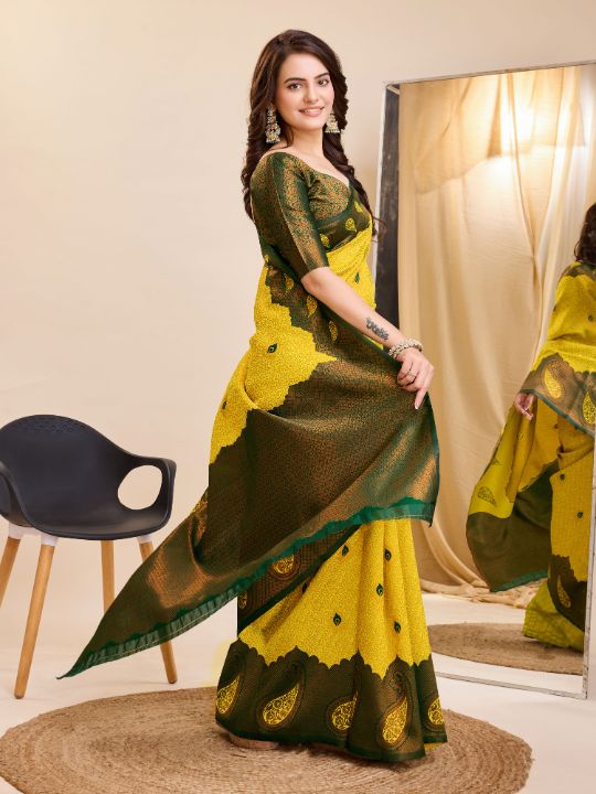 Banarasi Soft Silk Saree (Yellow & Green)