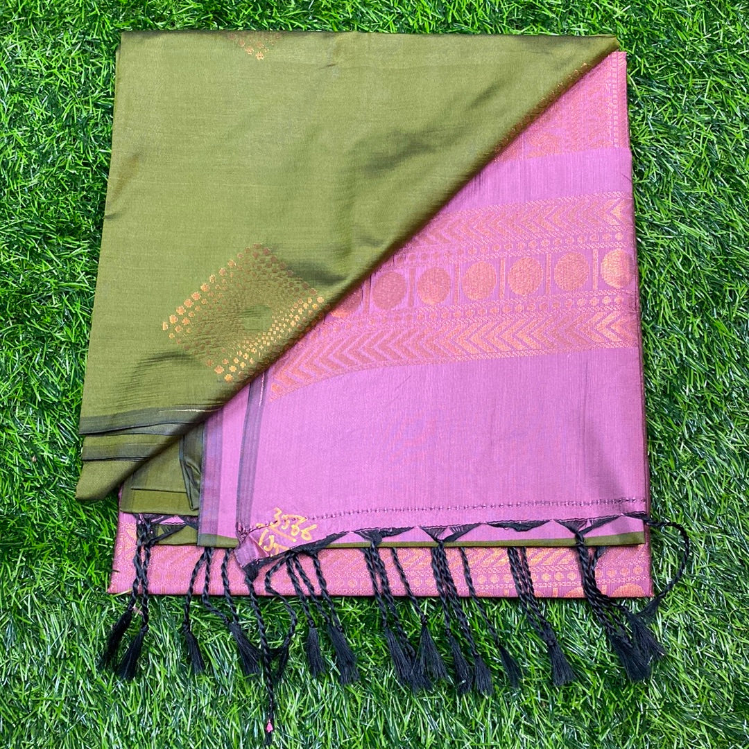 Kanjivaram Tissue Border Soft Silk Sarees (Green and Pink Colour)