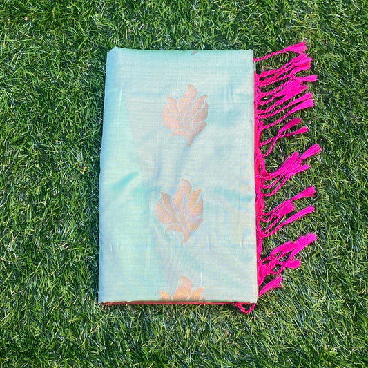 Kanjivaram Tissue Border Soft Silk Sarees (Sea Green and Pink/Brown Colour)