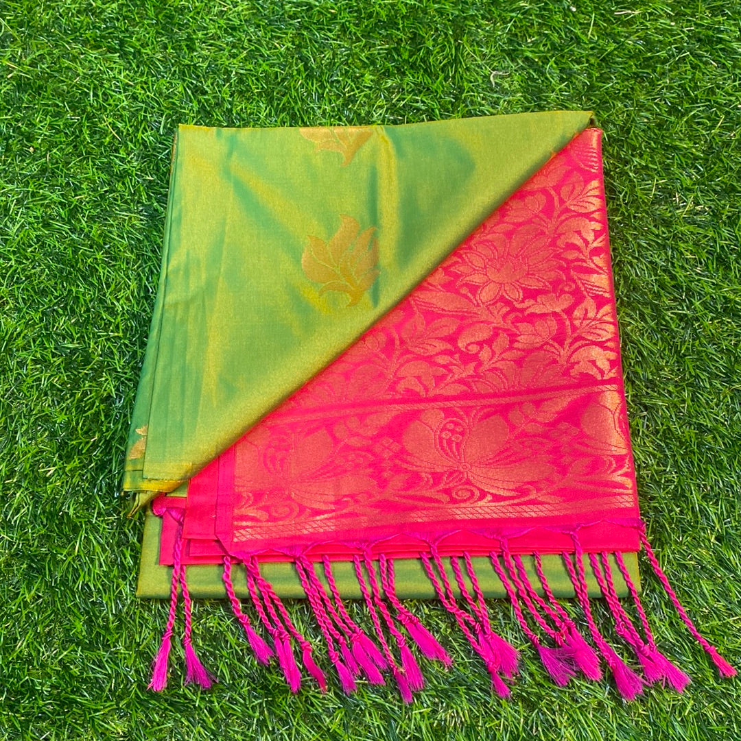Kanjivaram Tissue Border Soft Silk Sarees (Green and Pink Colour)