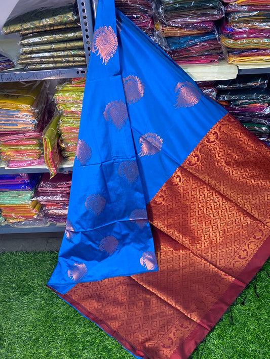 Kanjivaram Tissue Border Soft Silk Saree (Blue and Maroon)