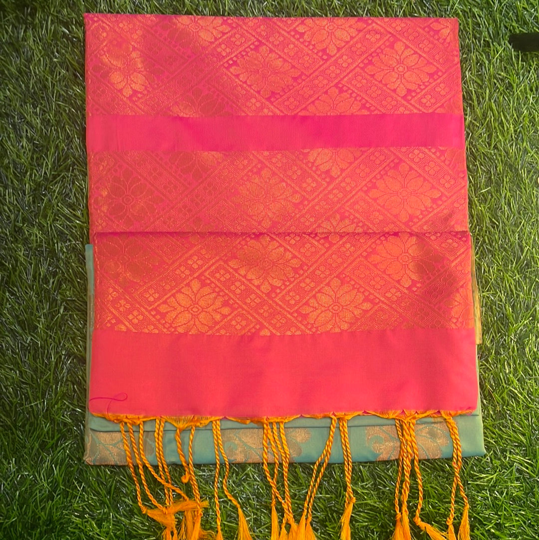 Kanjivaram Tissue Border Soft Silk Sarees (Soft Green and Pink)