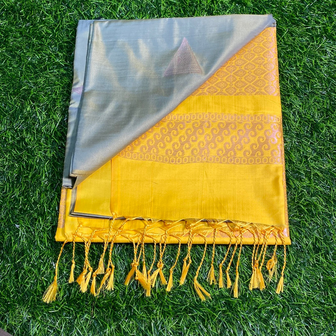 Kanjivaram Tissue Border Soft Silk Sarees (Olive and Yellow Colour)