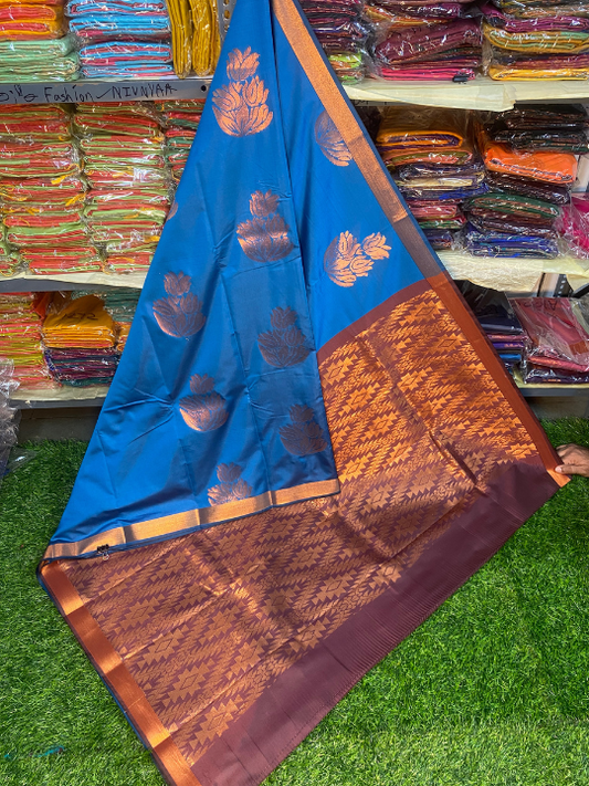 Kanjivaram Tissue Border Soft Silk Saree (Blue & Brown)