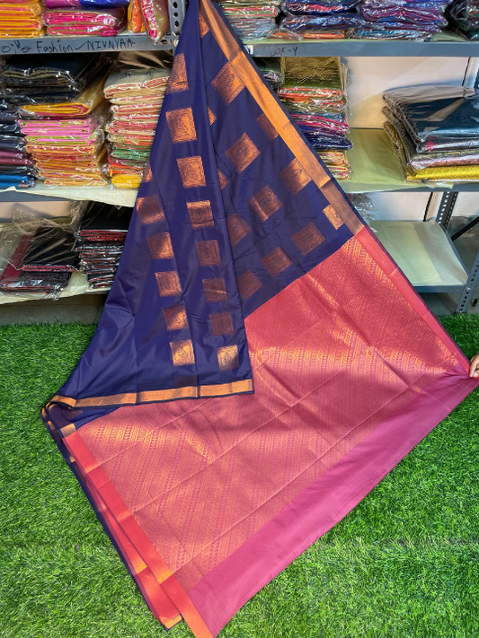 Kanjivaram Tissue Border Soft Silk Saree (Blue & Pink) (1.5 inch Border)