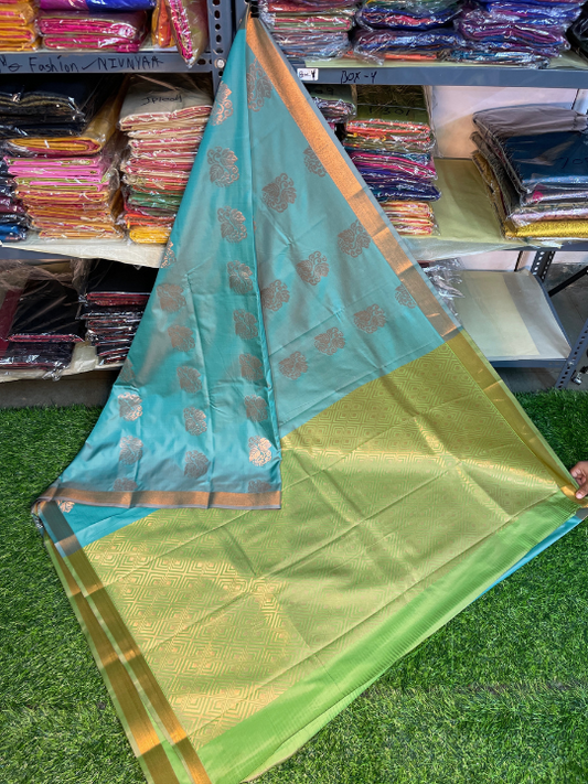 Kanjivaram Tissue Border Soft Silk Saree (Sky Blue & Green) (1.5 inch Border)