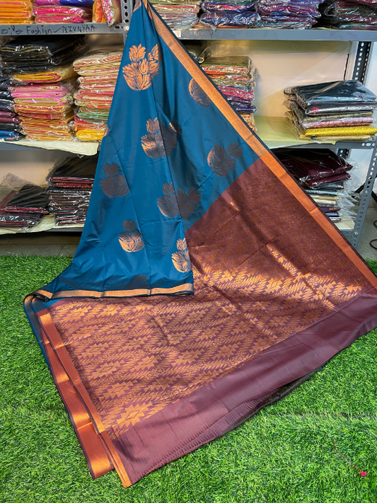 Kanjivaram Tissue Border Soft Silk Saree (Blue & Brown) (1.5 inch Border)