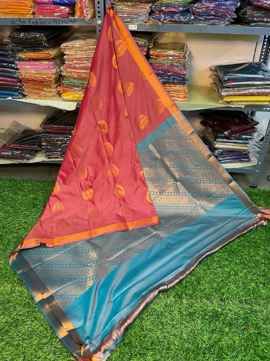 Kanjivaram Tissue Border Soft Silk Saree (Red & Blue) (1.5 inch Border)