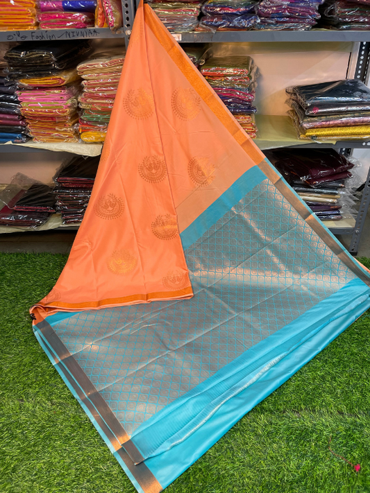 Kanjivaram Tissue Border Soft Silk Saree (Peach Orange & Blue) (1.5 inch Border)