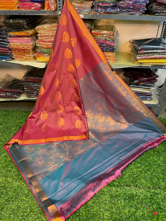 Kanjivaram Tissue Border Soft Silk Saree (Red & Sea Blue) (1.5 inch Border)