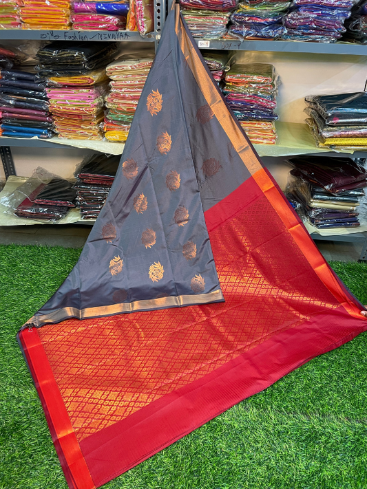 Kanjivaram Tissue Border Soft Silk Saree (Grey & Red) (1.5 inch Border)