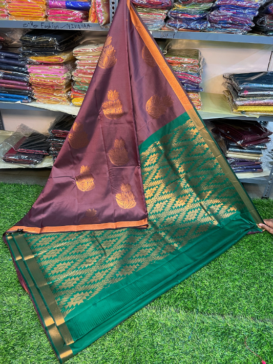 Kanjivaram Tissue Border Soft Silk Saree (Maroon & Green) (1.5 inch Border)