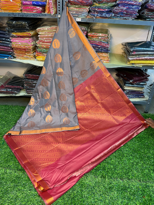 Kanjivaram Tissue Border Soft Silk Saree (Grey & Pink) (1.5 inch Border)