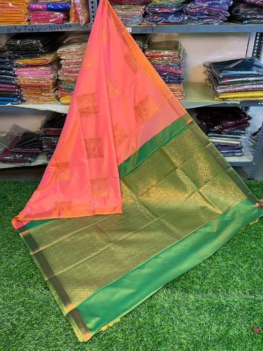 Kanjivaram Tissue Border Soft Silk Saree (Peach & Green) (1.5 inch Border)