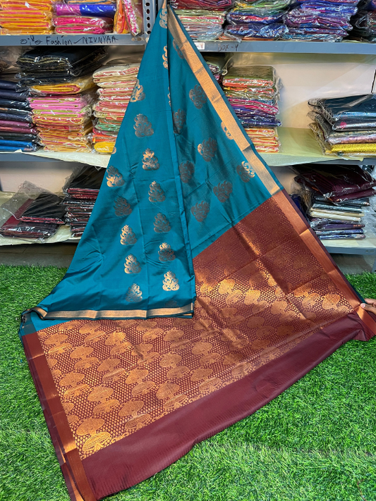 Kanjivaram Tissue Border Soft Silk Saree (Green & Brown) (1.5 inch Border)
