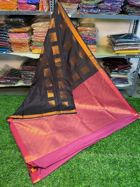 Kanjivaram Tissue Border Soft Silk Saree (Black & Pink) (1.5 inch Border)
