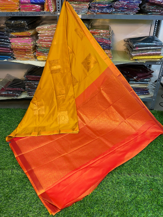 Kanjivaram Tissue Border Soft Silk Saree (Mustard Yellow & Orange) (1.5 inch Border)