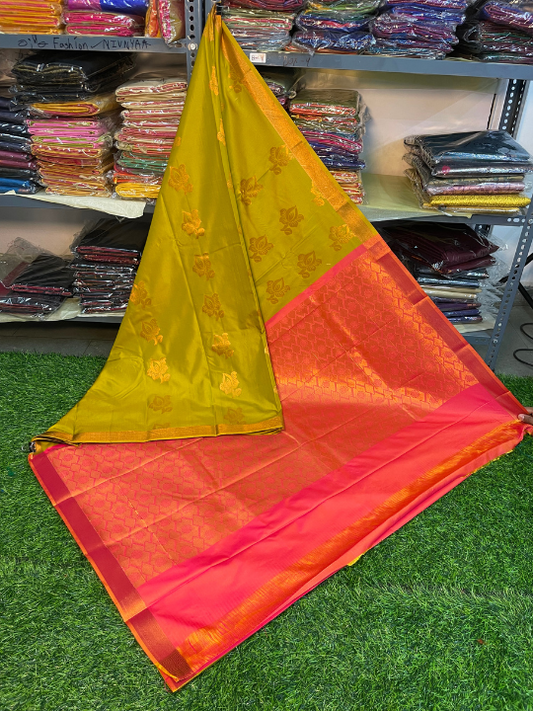 Kanjivaram Tissue Border Soft Silk Saree (Green & Orange) (1.5 inch Border)