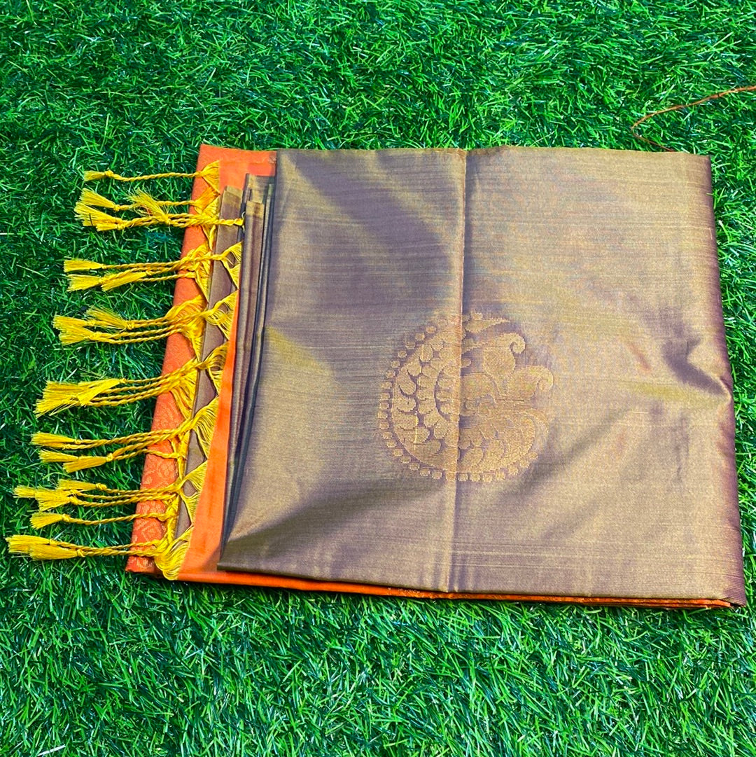 Kanjivaram Tissue Border Soft Silk Sarees (Brown and Orange Colour)