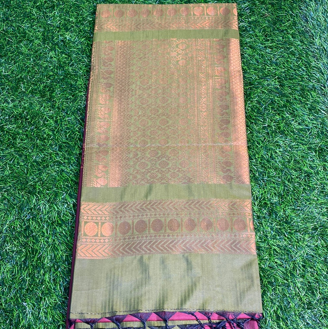 Kanjivaram Tissue Border Soft Silk Sarees (Maroon and Mehandi Green Colour)