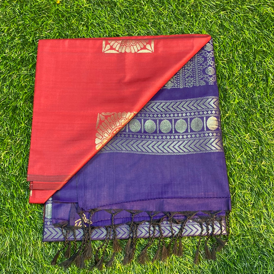Kanjivaram Tissue Border Soft Silk Sarees (Rust and Navy Blue Colour)