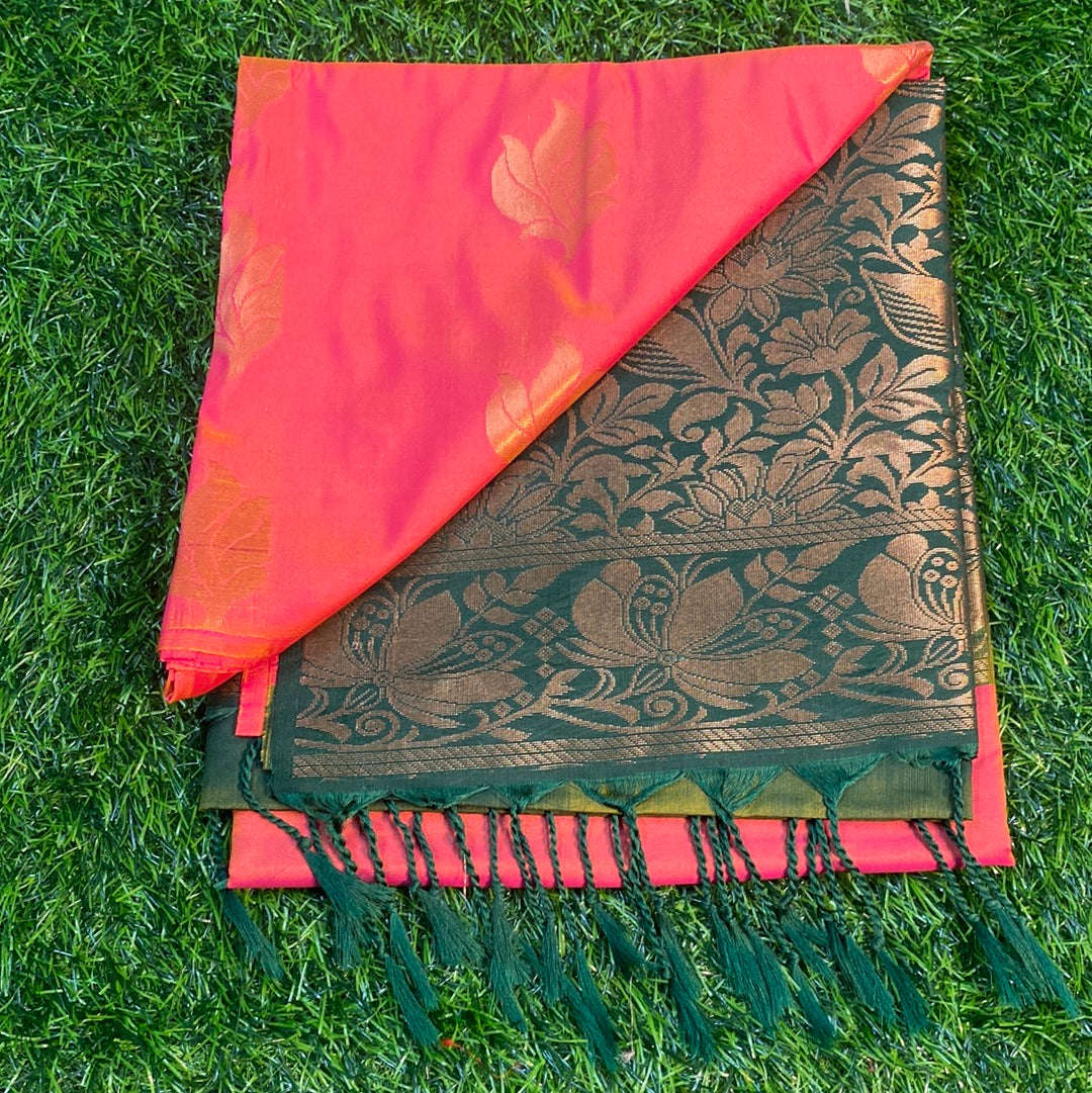 Kanjivaram Tissue Border Soft Silk Sarees (Orange and Green Colour)