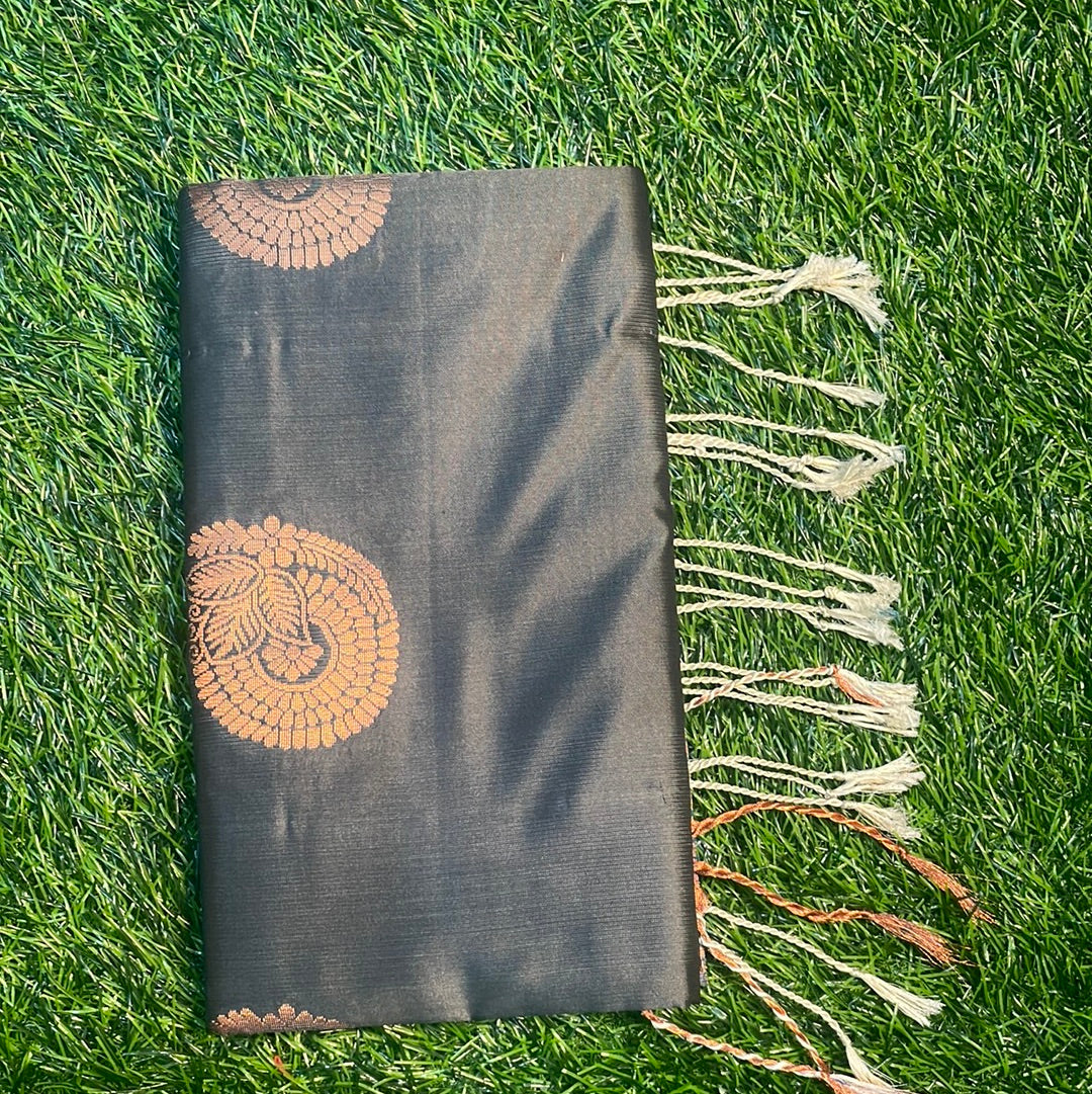 Kanjivaram Tissue Border Soft Silk Sarees (Grey Shade Brown and sea blue)