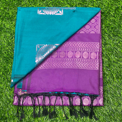 Kanjivaram Tissue Border Soft Silk Sarees (Rama Green and Purple Colour)