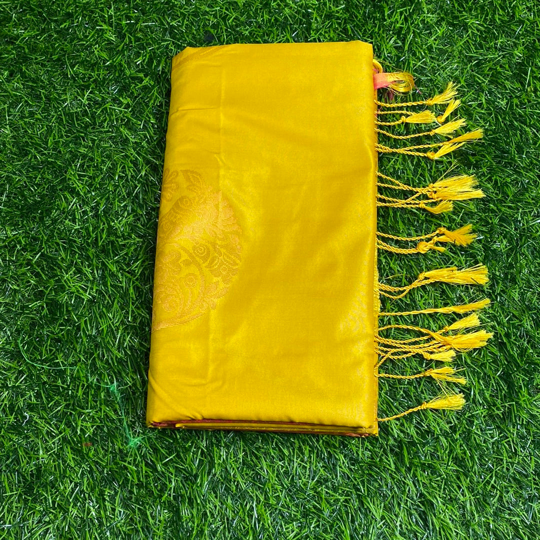 Kanjivaram Tissue Border Soft Silk Sarees (Yellow and Pink Colour)