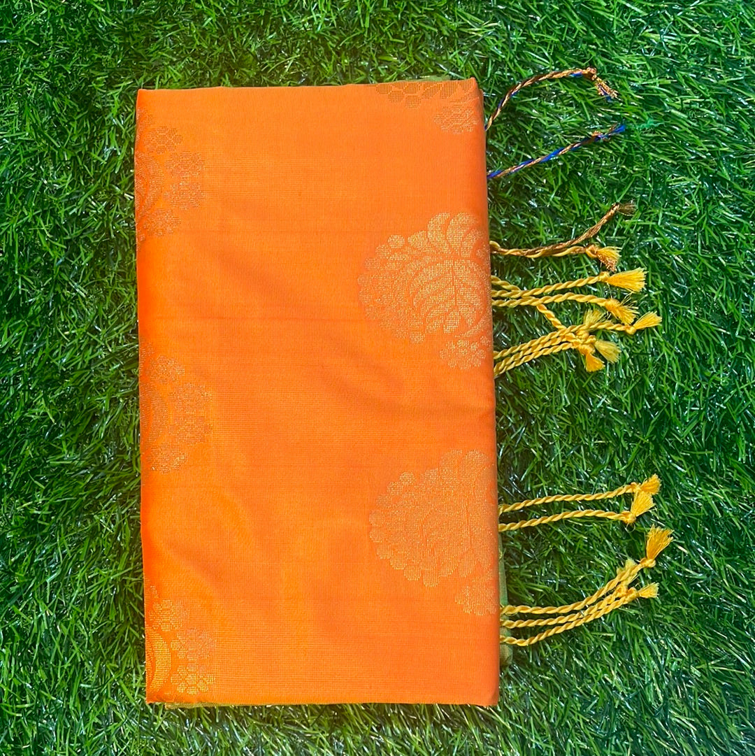 Kanjivaram Tissue Border Soft Silk Sarees (Green Orange)