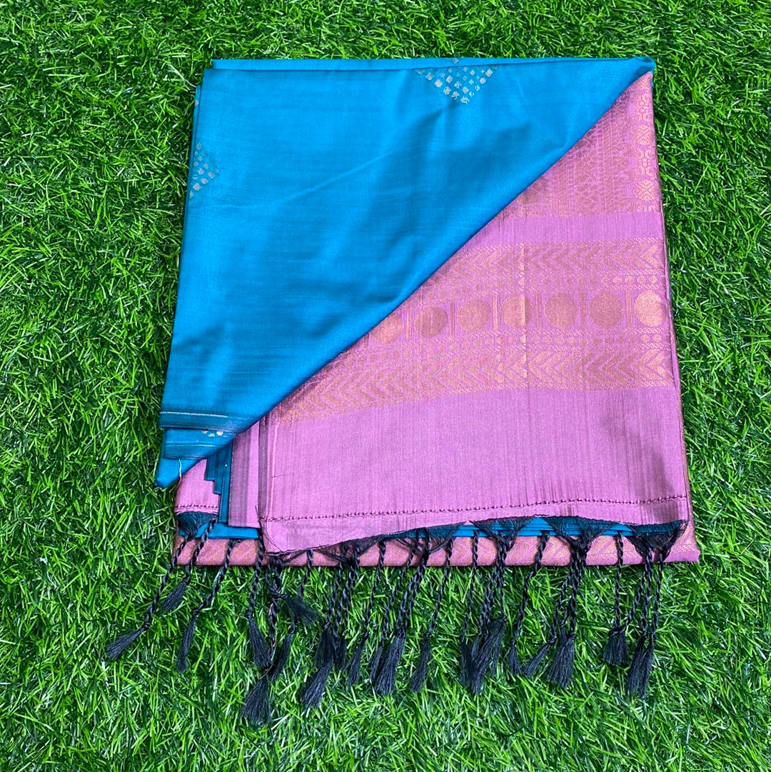 Kanjivaram Tissue Border Soft Silk Sarees (Teal and Peach Colour)