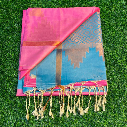 Kanjivaram Tissue Border Soft Silk Sarees (Pink and Sea Green Colour)