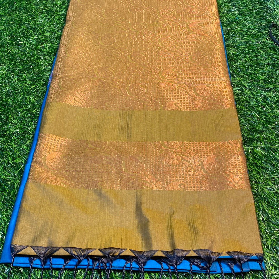 Kanjivaram Tissue Border Soft Silk Sarees (Sea Blue and Mehandi Green Colour)