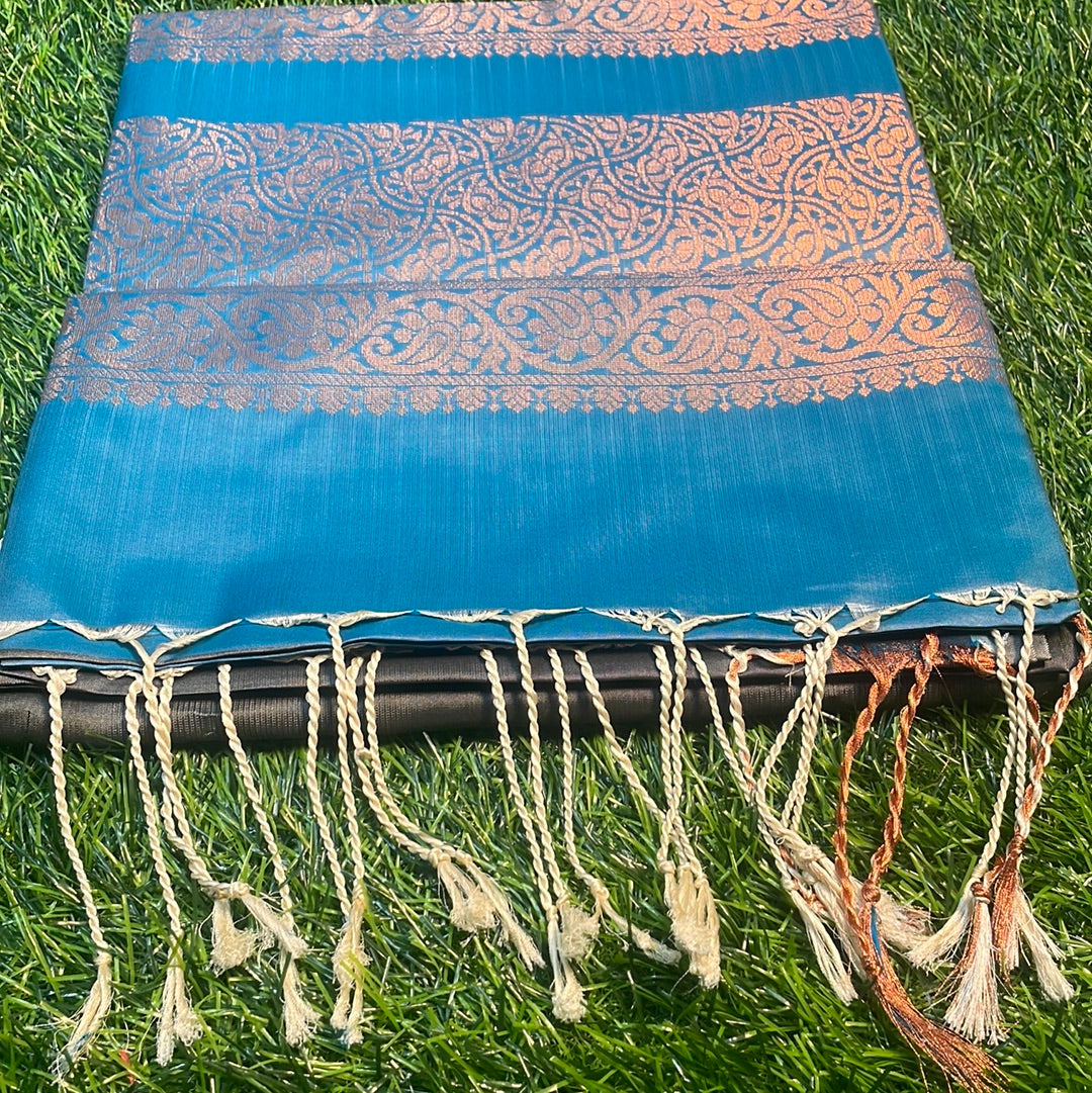 Kanjivaram Tissue Border Soft Silk Sarees (Grey Shade Brown and sea blue)
