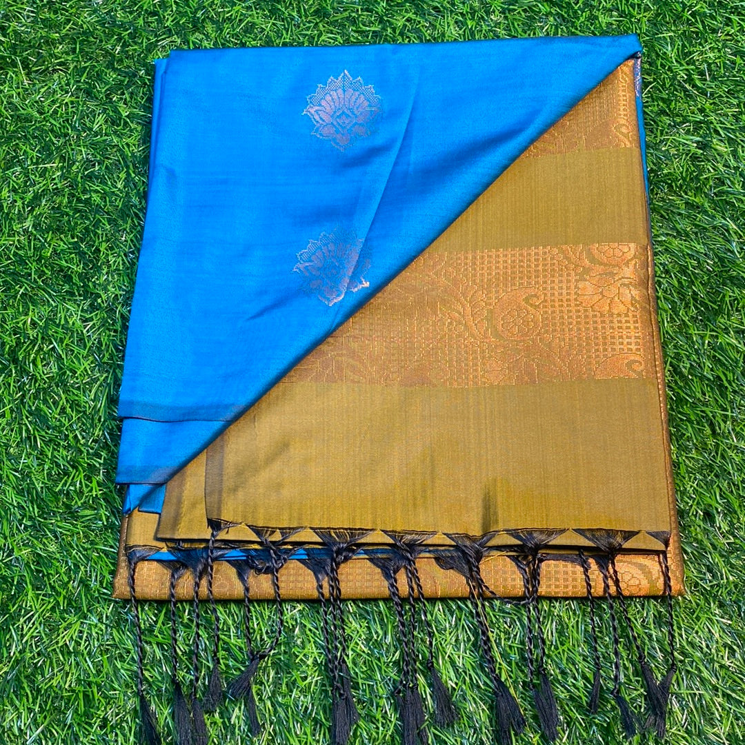 Kanjivaram Tissue Border Soft Silk Sarees (Sea Blue and Mehandi Green Colour)