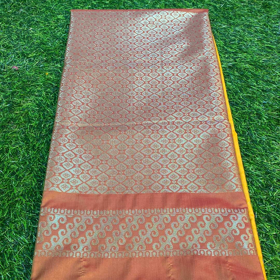Kanjivaram Tissue Border Soft Silk Sarees (Yellow and Brown Colour)