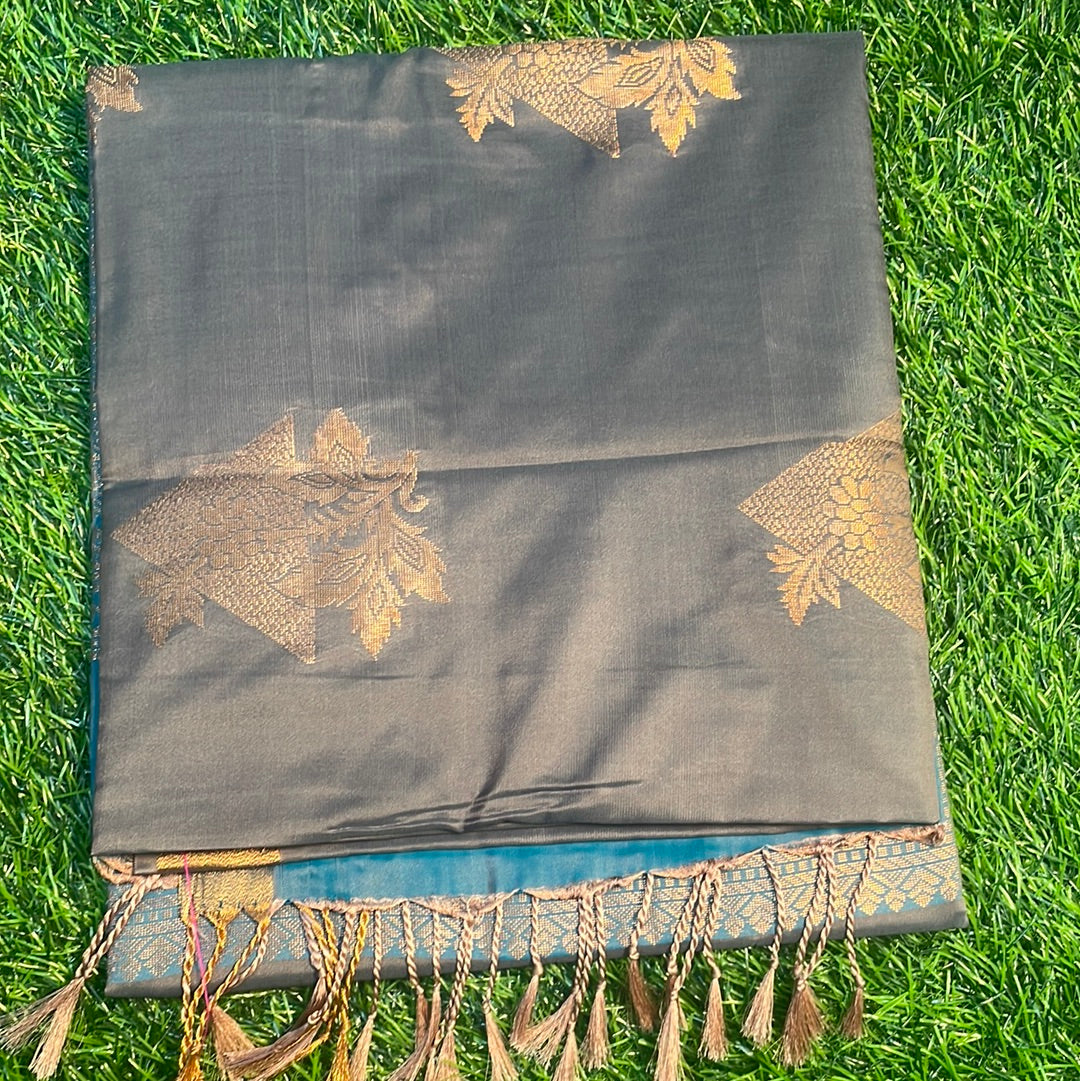 Kanjivaram Tissue Border Soft Silk Sarees (Grey shad brown and sea green)