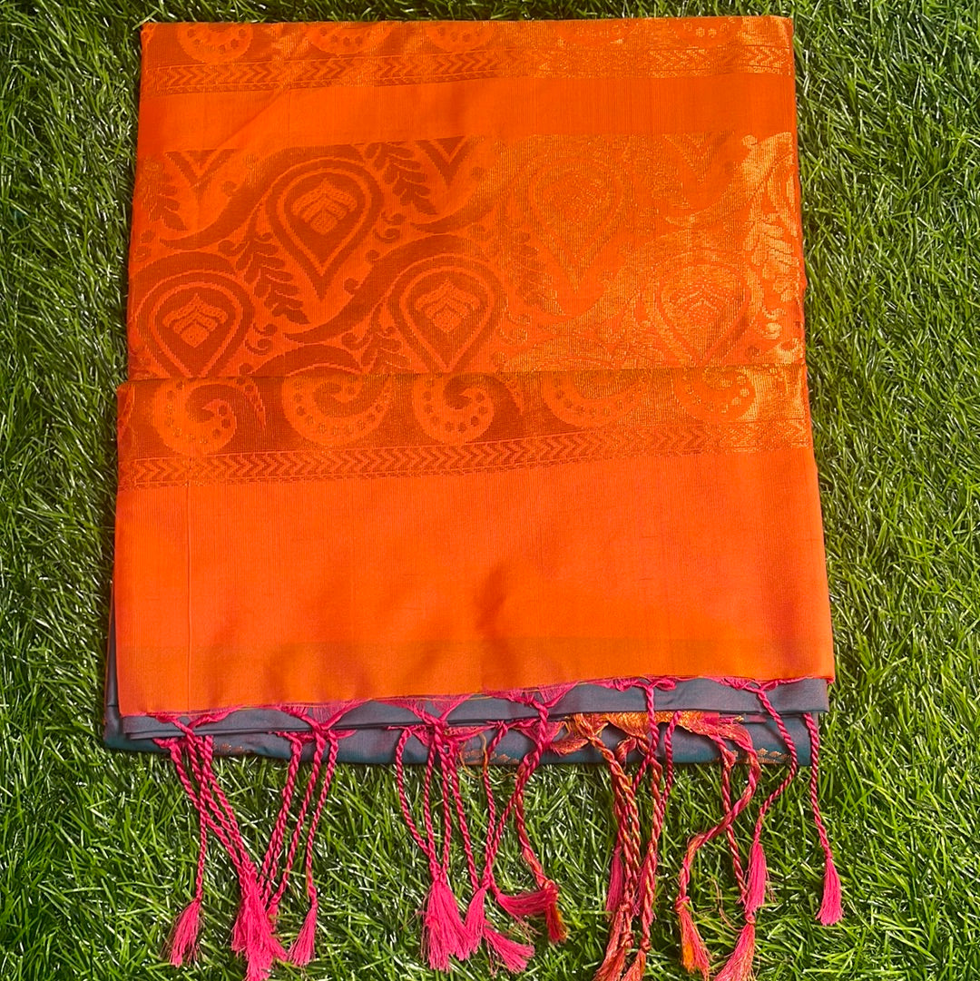 Kanjivaram Tissue Border Soft Silk Sarees (Sea Blue and Orange)