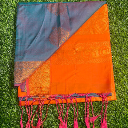 Kanjivaram Tissue Border Soft Silk Sarees (Sea Blue and Orange)
