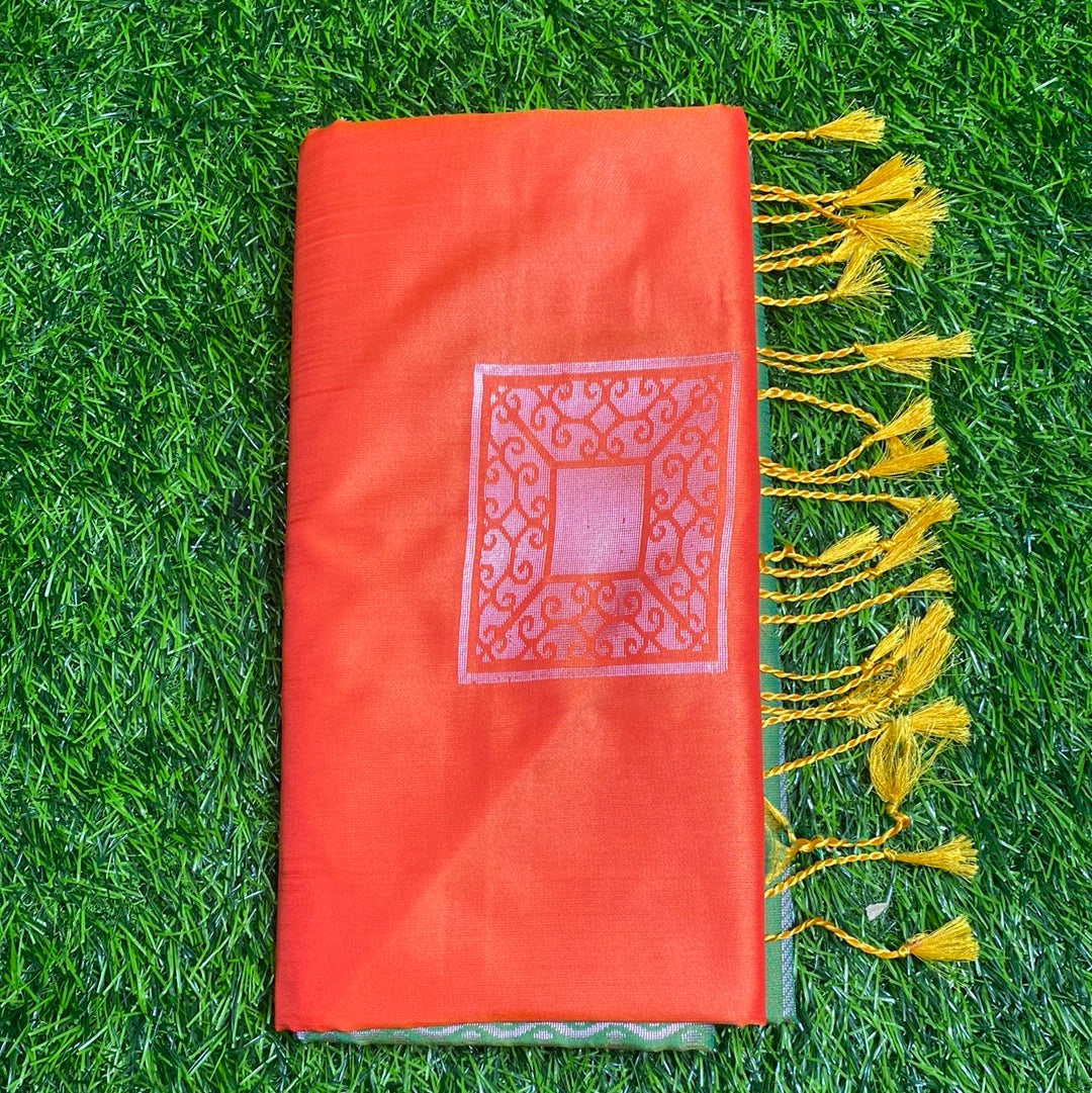Kanjivaram Tissue Border Soft Silk Sarees (Orange and Green Colour)