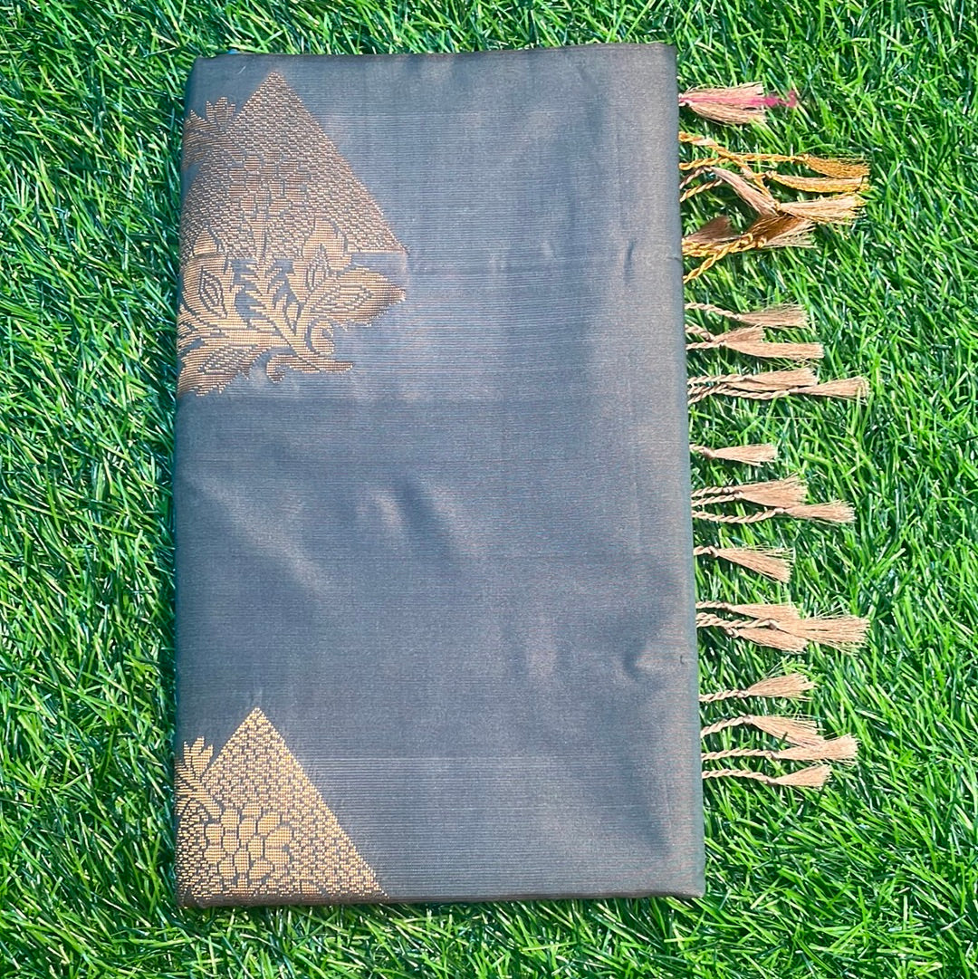 Kanjivaram Tissue Border Soft Silk Sarees (Grey shad brown and sea green)